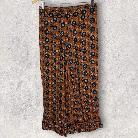NEW Smythe Printed Wide Leg Cropped Pants Batik Floral Size XS Rust Floral Boho - Picture 2 of 12